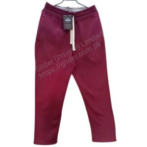 A maroon sweat pant with a tag on it, perfect for a comfortable and stylish casual look.