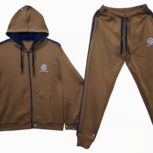 A brown tracksuit with a matching hoodie and pants, perfect for a comfortable and stylish look.